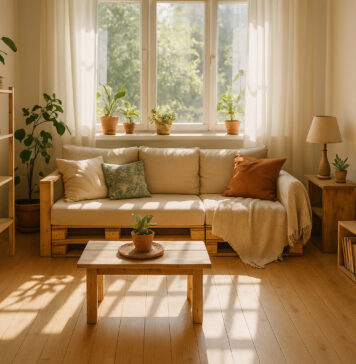 Salon cosy et lumineux avec décoration DIY et plantes