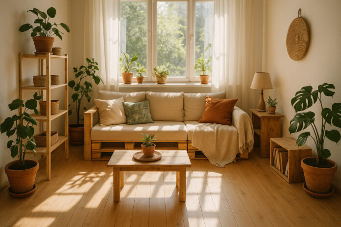 Salon cosy et lumineux avec décoration DIY et plantes