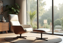 Salon lumineux avec fauteuil design près de la fenêtre