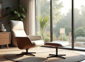 Salon lumineux avec fauteuil design près de la fenêtre