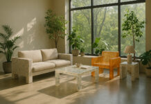 Salon moderne avec mobilier en plastique recyclé et résine