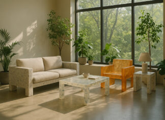 Réinventer la décoration intérieure avec des matériaux innovants Salon moderne avec mobilier en plastique recyclé et résine