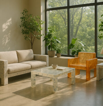 Salon moderne avec mobilier en plastique recyclé et résine