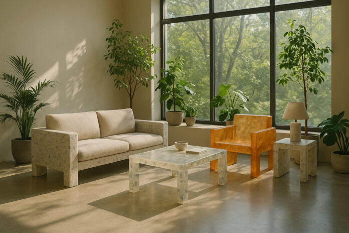 Salon moderne avec mobilier en plastique recyclé et résine