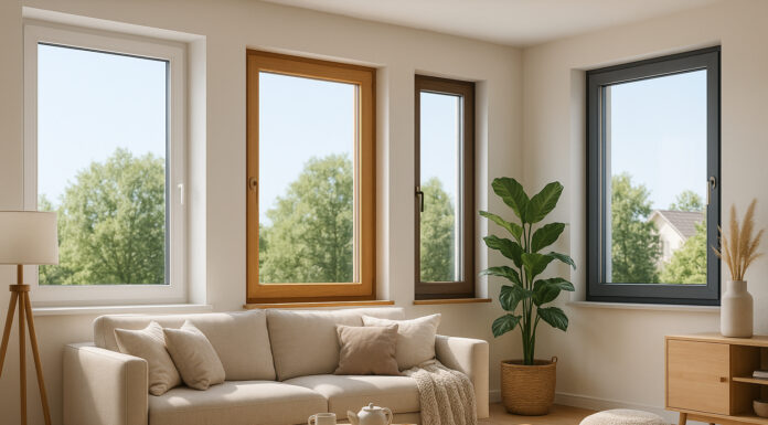 Salon moderne lumineux avec fenêtres en PVC bois et aluminium