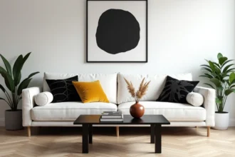 Salon noir et blanc moderne avec coussin jaune moutarde et vase en terracotta pour une touche de couleur chaleureuse