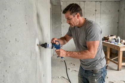 Artisan injectant de la résine de scellement chimique dans un trou de mur en béton avec un pistolet à cartouche