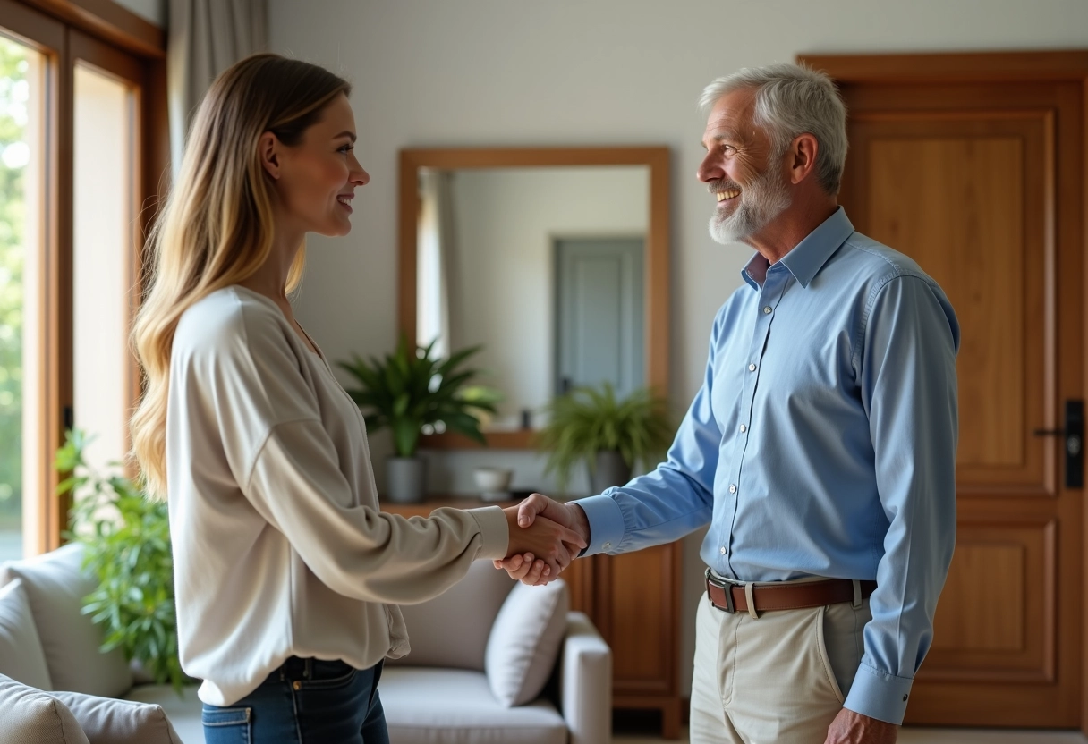 Homme et femme se serrant la main dans un intérieur rénové