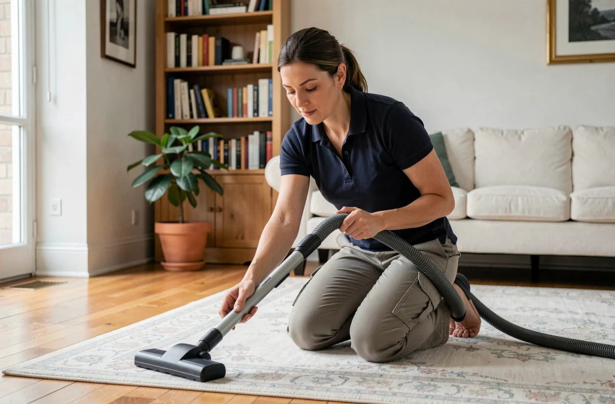 Professionnelle de ménage aspirant un tapis dans un salon bien entretenu à Meaux