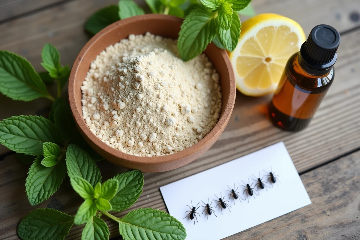 Arrangement flat lay de solutions naturelles contre les petits insectes noirs ronds : terre de diatomée, menthe poivrée, citron et huile essentielle sur table en bois