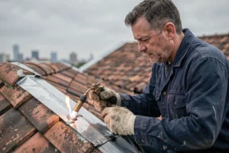 Artisan couvreur réalisant une soudure au chalumeau sur une bande de rive en zinc sur toiture inclinée
