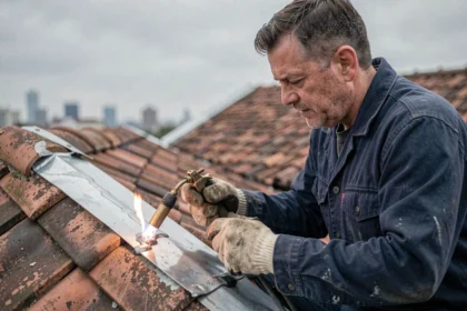 Artisan couvreur réalisant une soudure au chalumeau sur une bande de rive en zinc sur toiture inclinée