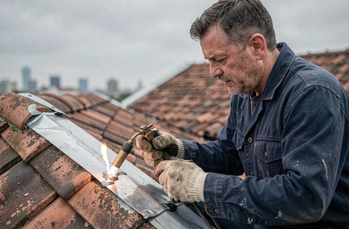 Artisan couvreur réalisant une soudure au chalumeau sur une bande de rive en zinc sur toiture inclinée