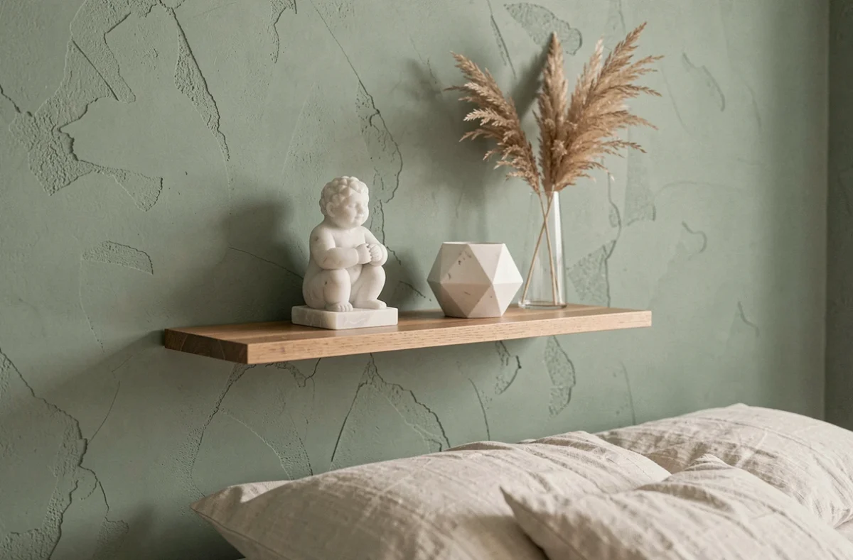 Petite statue décorative en résine sur une étagère murale dans une chambre minimaliste aux tons naturels