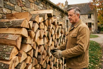 Homme empilant des stères de bois de chauffage contre un mur en pierre dans une ferme rurale en automne