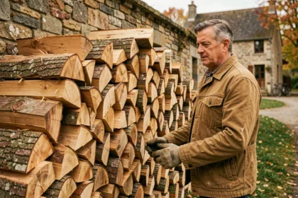 Homme empilant des stères de bois de chauffage contre un mur en pierre dans une ferme rurale en automne
