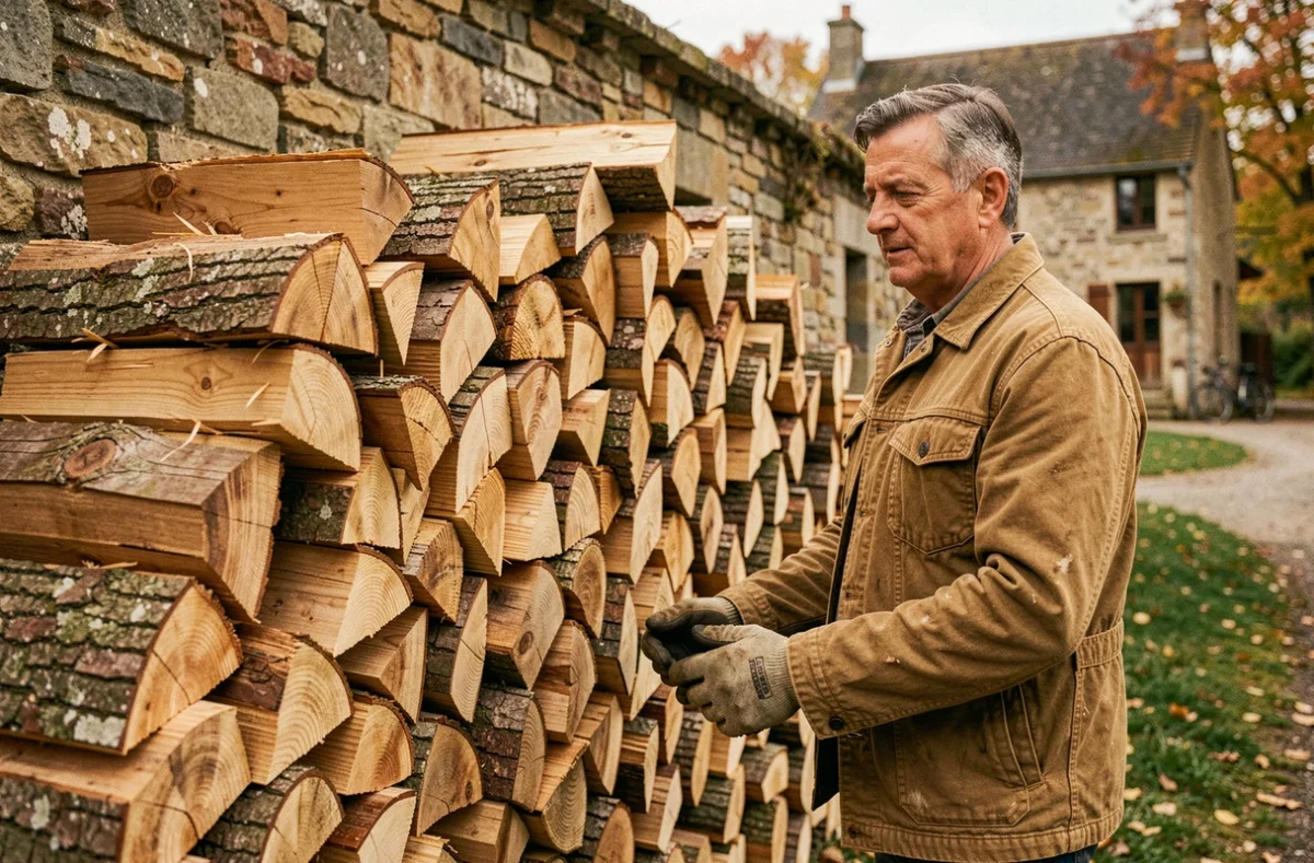 Homme empilant des stères de bois de chauffage contre un mur en pierre dans une ferme rurale en automne