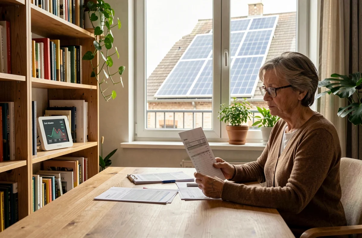 Femme consultant sa facture d'électricité à côté d'un moniteur d'énergie relié à un panneau solaire de balcon visible depuis le salon
