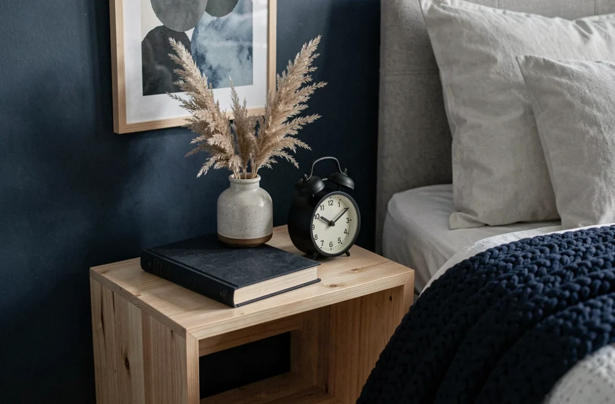 Détail table de chevet scandinave en bouleau avec vase en céramique, plaid en laine indigo et mur bleu nuit encadré