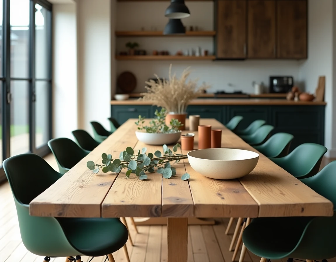 Table de ferme vintage en pin associée à des chaises contemporaines en acier vert forêt dans une salle à manger ouverte aux murs en plâtre blanc