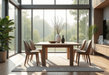 Table carrée moderne dans un salon lumineux et minimaliste