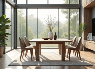 Table carrée moderne dans un salon lumineux et minimaliste