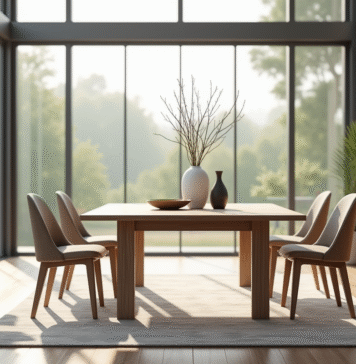 Table carrée moderne dans un salon lumineux et minimaliste