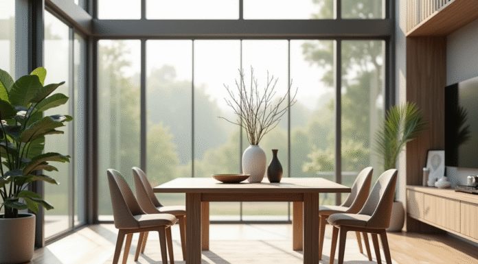 Table carrée moderne dans un salon lumineux et minimaliste
