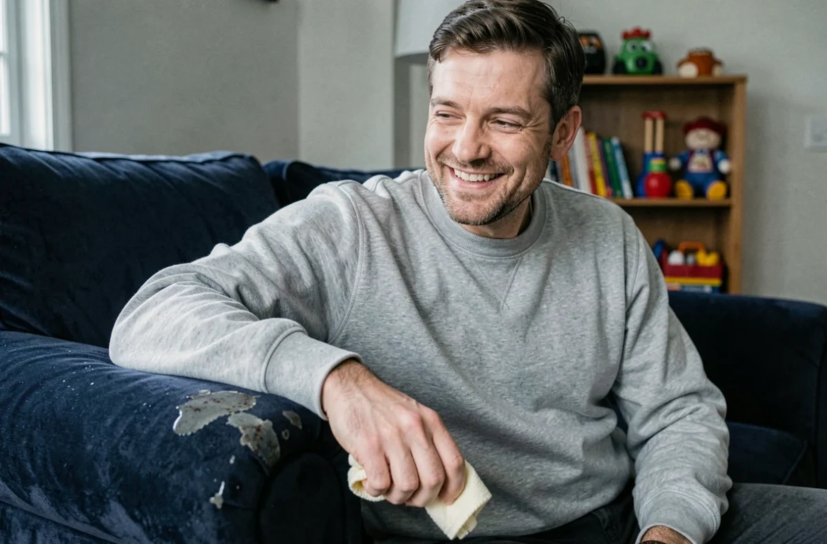Père de famille sur un canapé en velours bleu marine avec une tache visible, illustrant la nécessité d'un imperméabilisant pour canapé