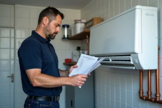 Technicien homme en polo navy vérifiant une pompe à chaleur