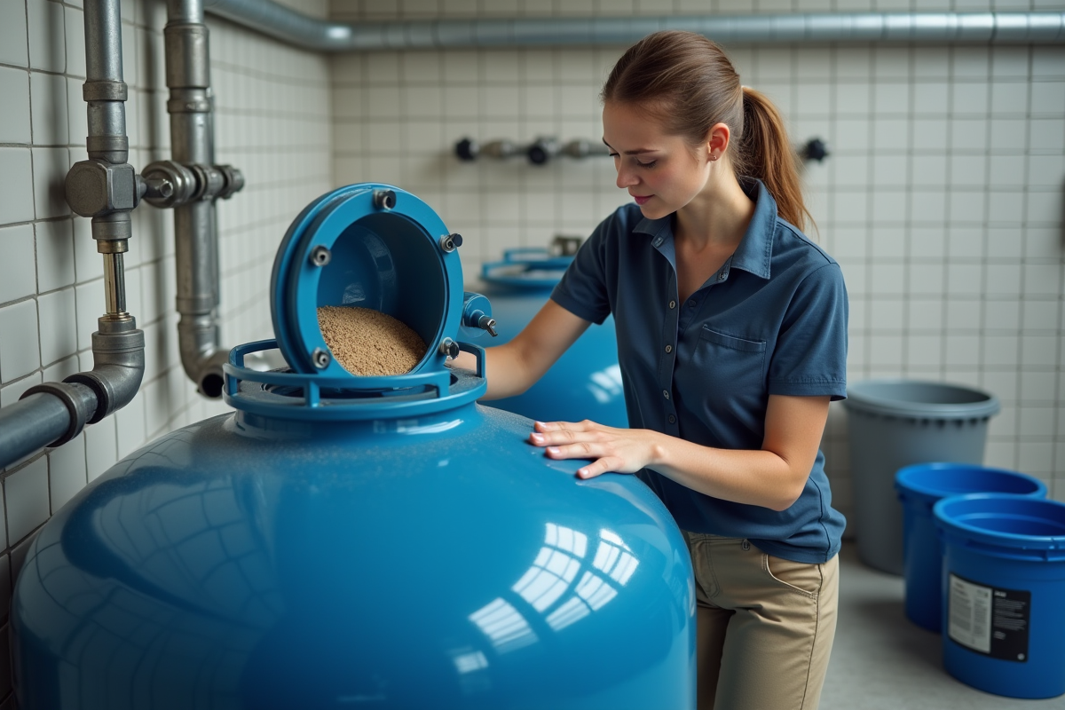 Jeune technicien inspecte un filtre à sable dans une salle piscine