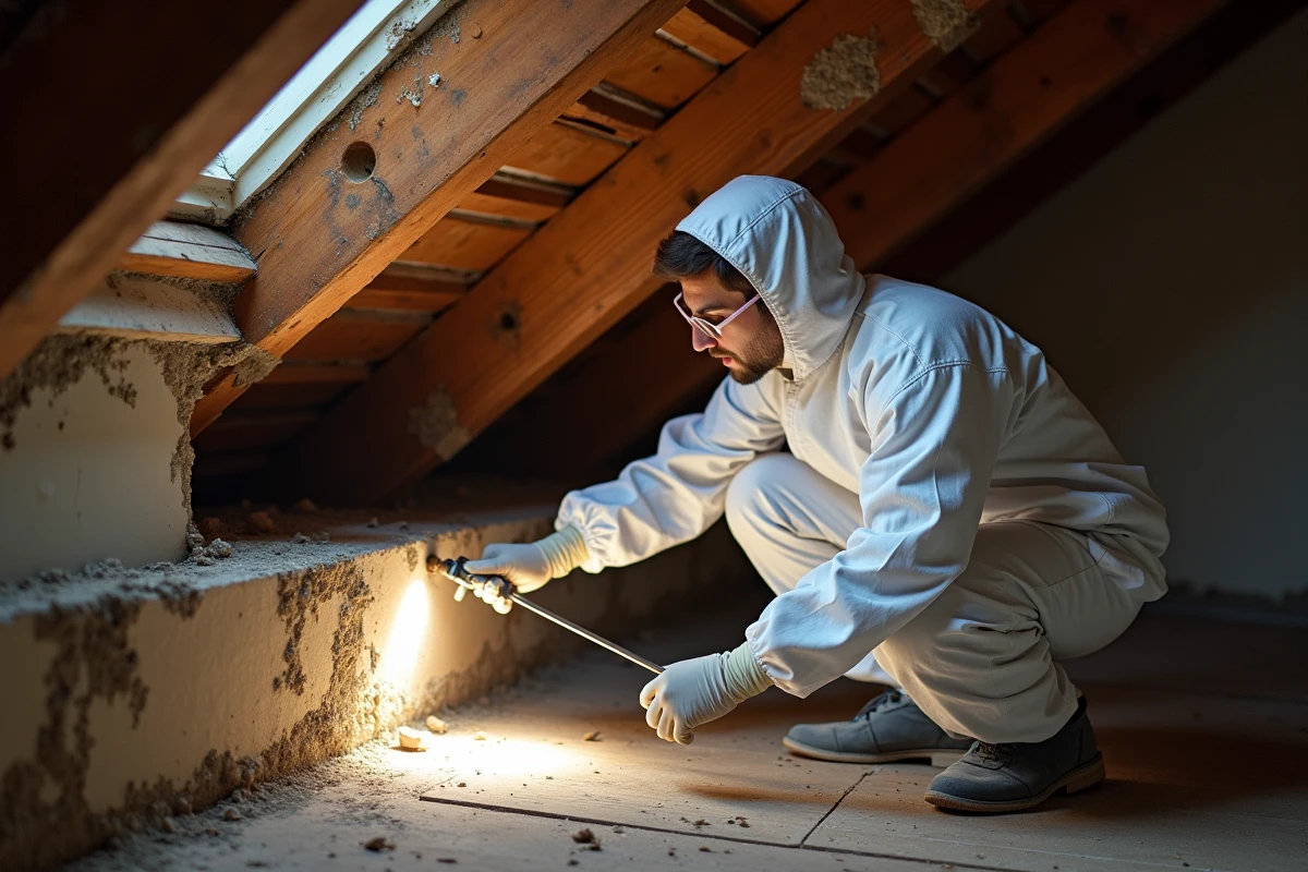 Technicien en désinsectisation inspectant des dégâts de termites ailées sur une poutre en bois sous un plafond endommagé