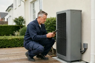 Technicien inspectant une pompe à chaleur air-eau installée en façade d'une maison moderne