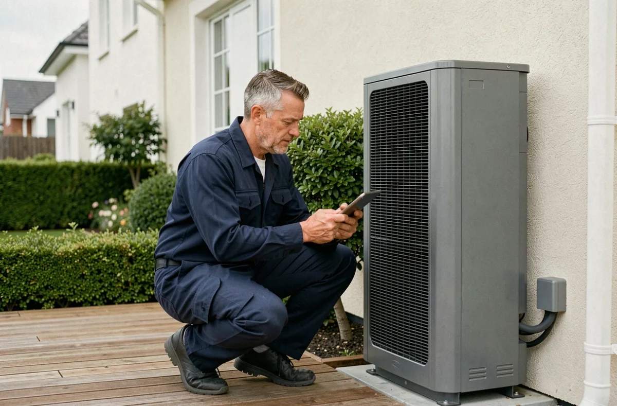 Technicien inspectant une pompe à chaleur air-eau installée en façade d'une maison moderne