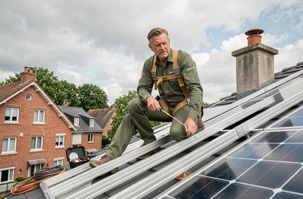 Technicien installant des rails de fixation pour panneaux photovoltaïques sur un toit de maison résidentielle en France