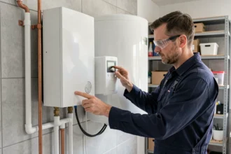 Technicien installant une pompe à chaleur couplée à un chauffe-eau dans une chaufferie résidentielle moderne