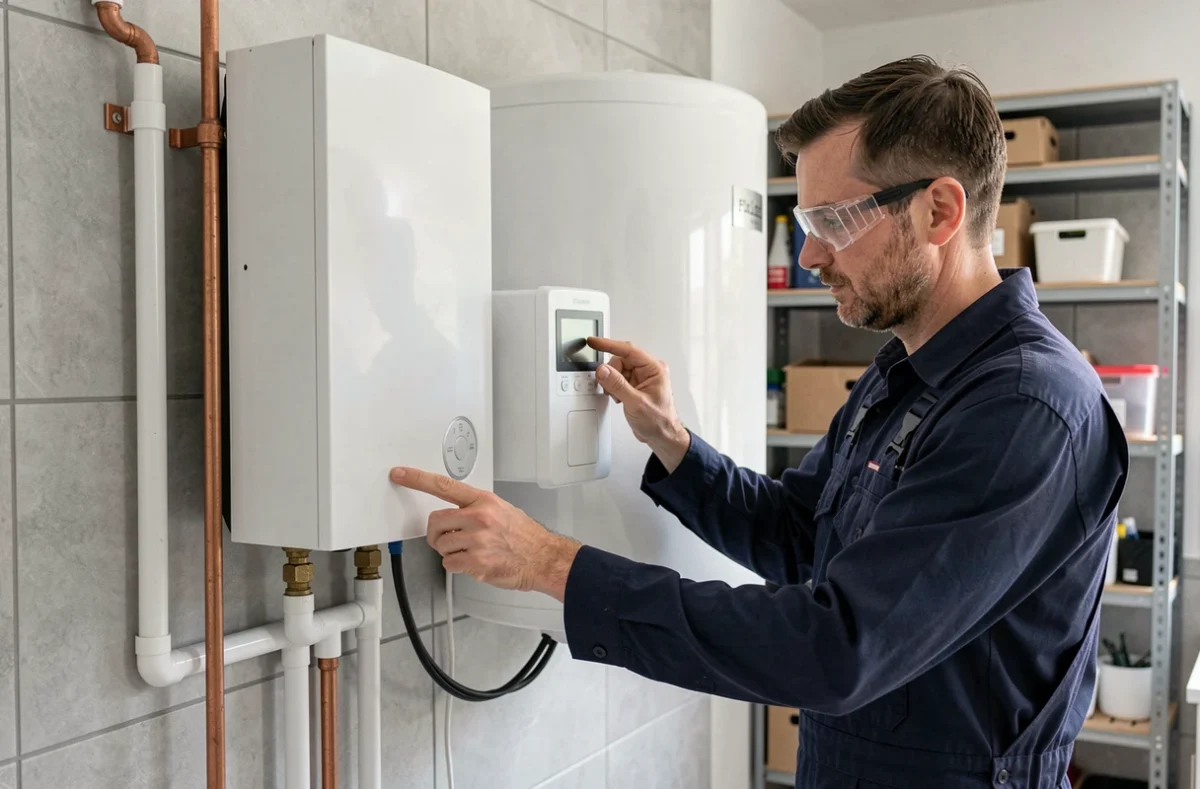 Technicien installant une pompe à chaleur couplée à un chauffe-eau dans une chaufferie résidentielle moderne