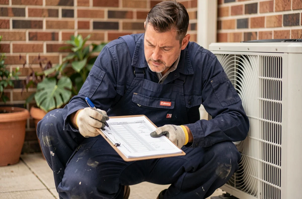 Technicien installateur vérifiant une pompe à chaleur air-eau Daikin lors d'une intervention technique