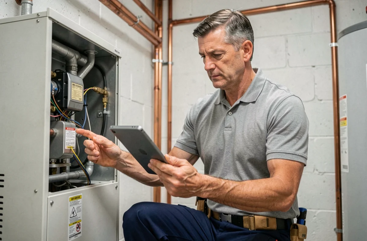 Technicien HVAC inspectant une pompe à chaleur Thermor dans une chaufferie résidentielle