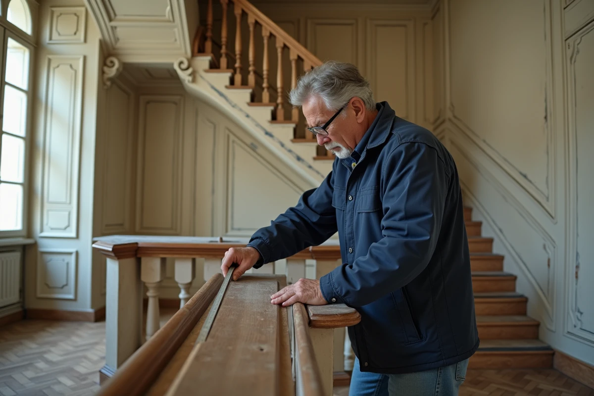 Technicien en rénovation mesurant la rampe d'un escalier ancien pour mise aux normes NF P01-012