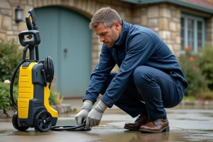 Technicien inspectant un raccord de nettoyeur haute pression Karcher sur une allée en béton