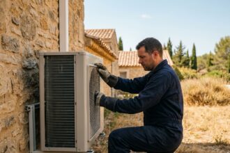 Technicien inspectant une pompe à chaleur air/eau installée sur une maison en pierre provençale dans le Var