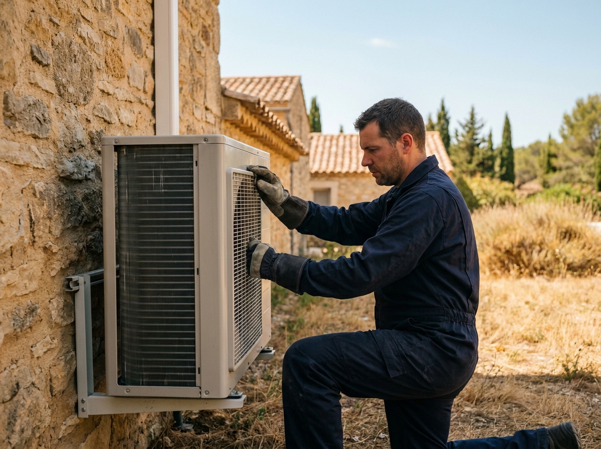 Technicien inspectant une pompe à chaleur air/eau installée sur une maison en pierre provençale dans le Var