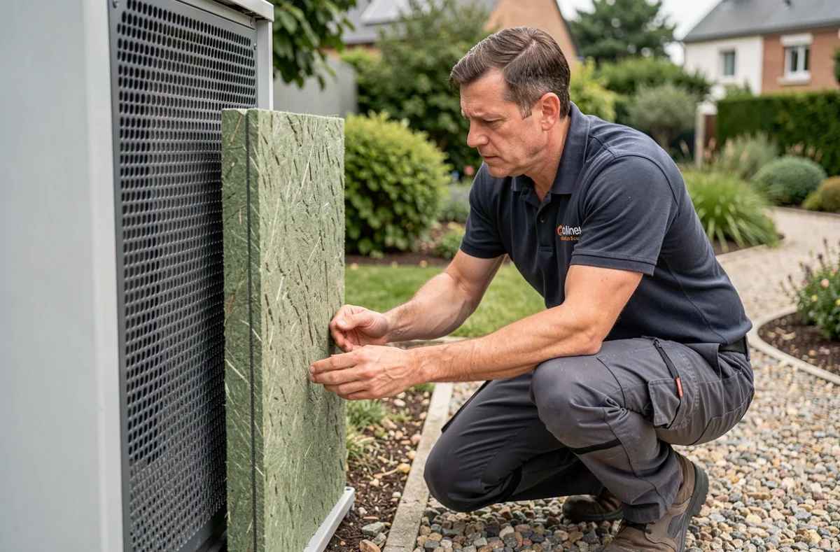 Technicien installant un écran acoustique autour d'une pompe à chaleur dans un jardin pavillonnaire