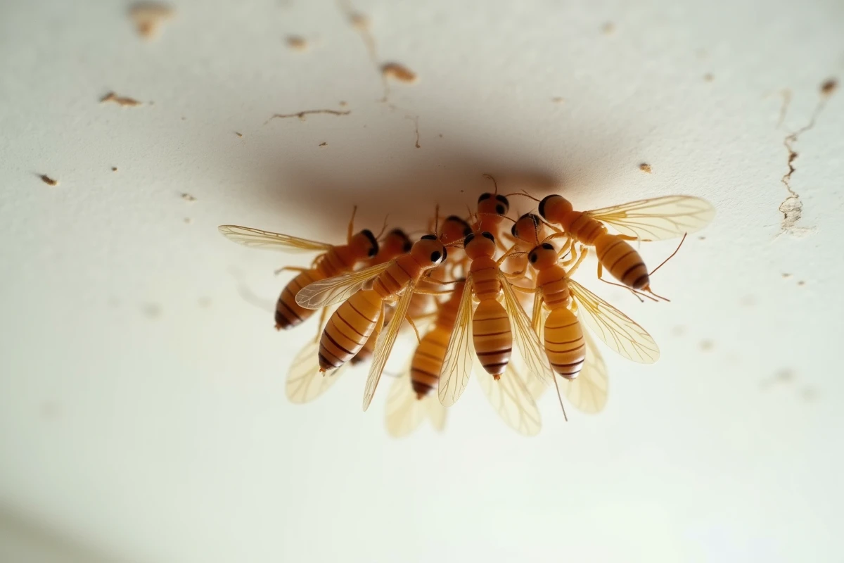 Termites volantes groupées au plafond d'une maison avec ailes translucides visibles en gros plan
