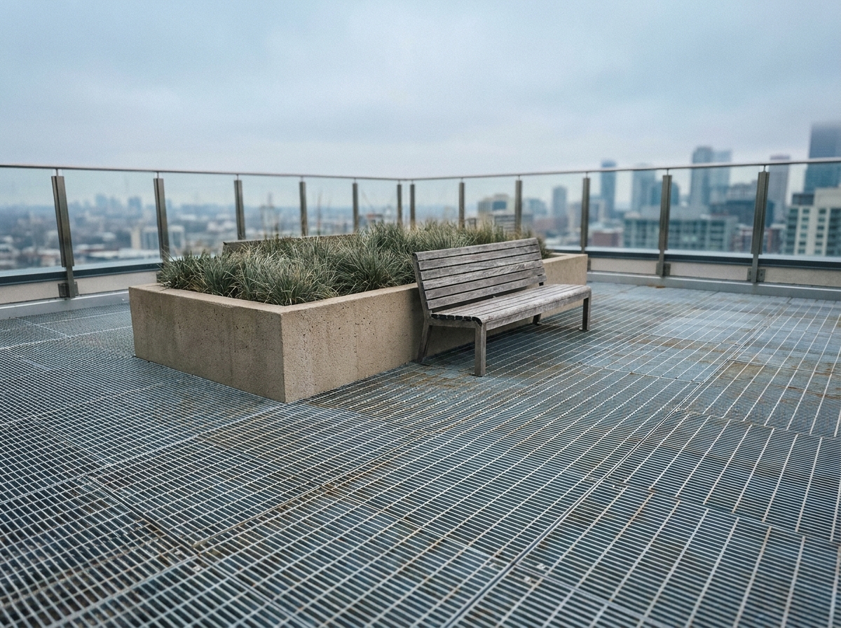 Terrasse technique entièrement aménagée avec caillebotis aluminium, mobilier minimaliste et garde-corps en verre avec vue urbaine