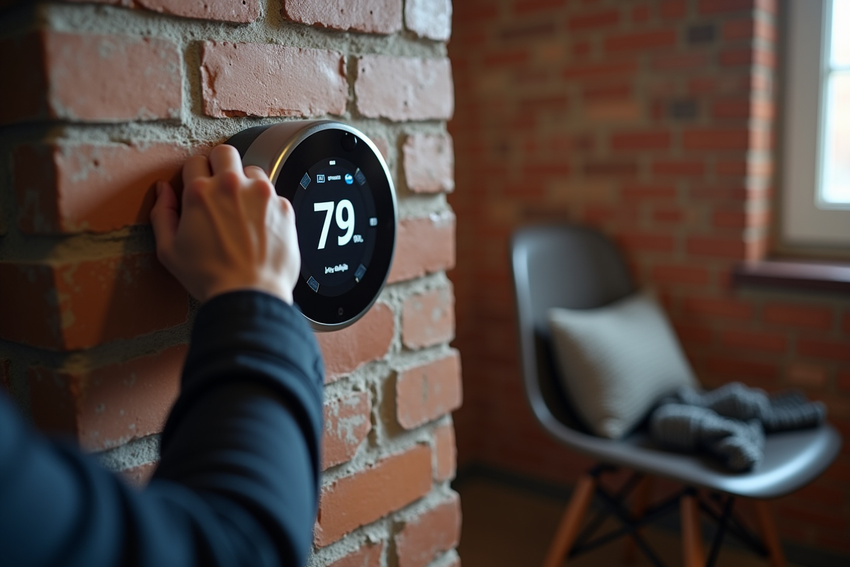 Main ajustant un thermostat numérique dans un sous-sol