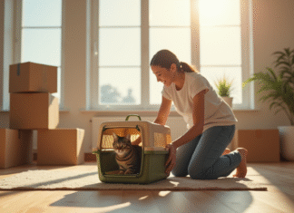 Personne plaçant un chat tigré dans une cage confortable dans un salon lumineux