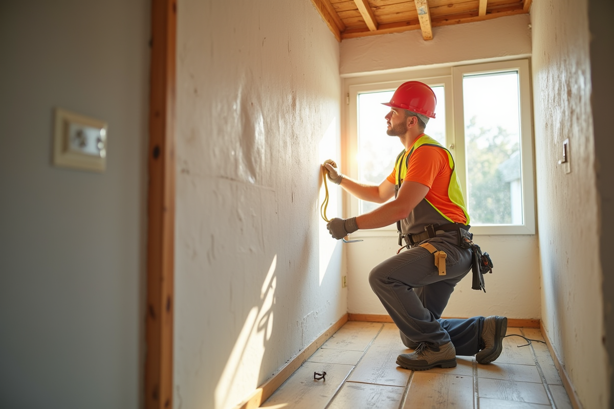 Ouvrier installant une nouvelle isolation dans un appartement lumineux