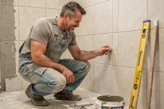 Homme réalisant des travaux de carrelage dans une salle de bain en rénovation DIY